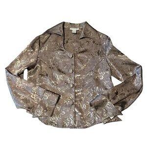 NWT SUSAN HUTTON Polyester Tan Textured Fabr Shirt Sheen Blouse Top Size M